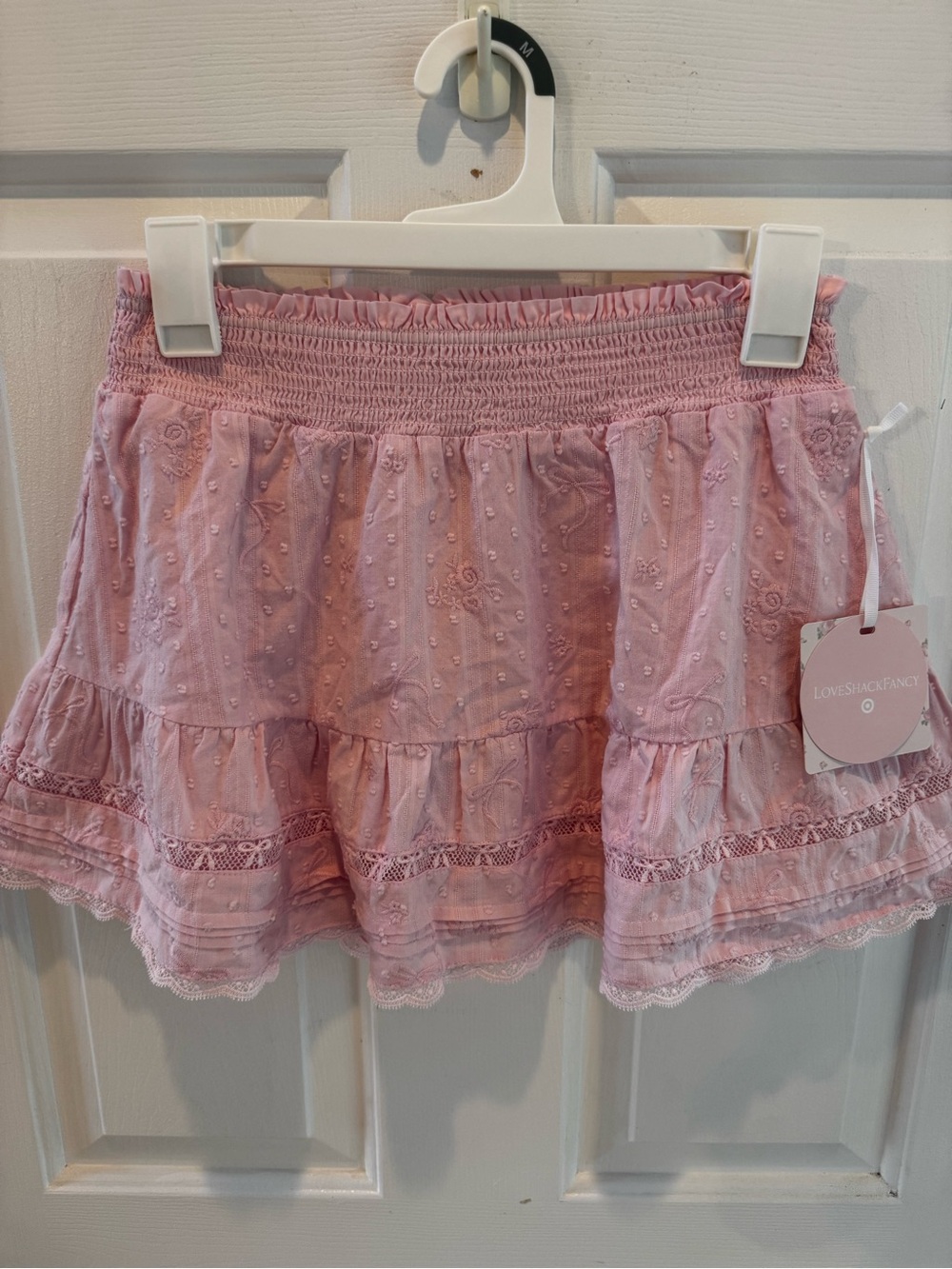 LoveShackFancy Light Pink Embroidered Ruffle Mini Skirt